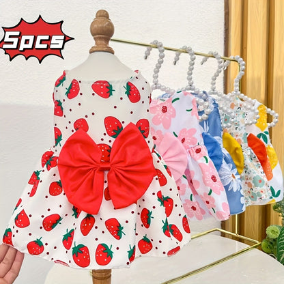 Dog Dress Floral Princess Bow – Cute Puppy Summer Dress for Small Dogs & Cats, Pink & Red Pet Dog Skirt with Bow Decoration