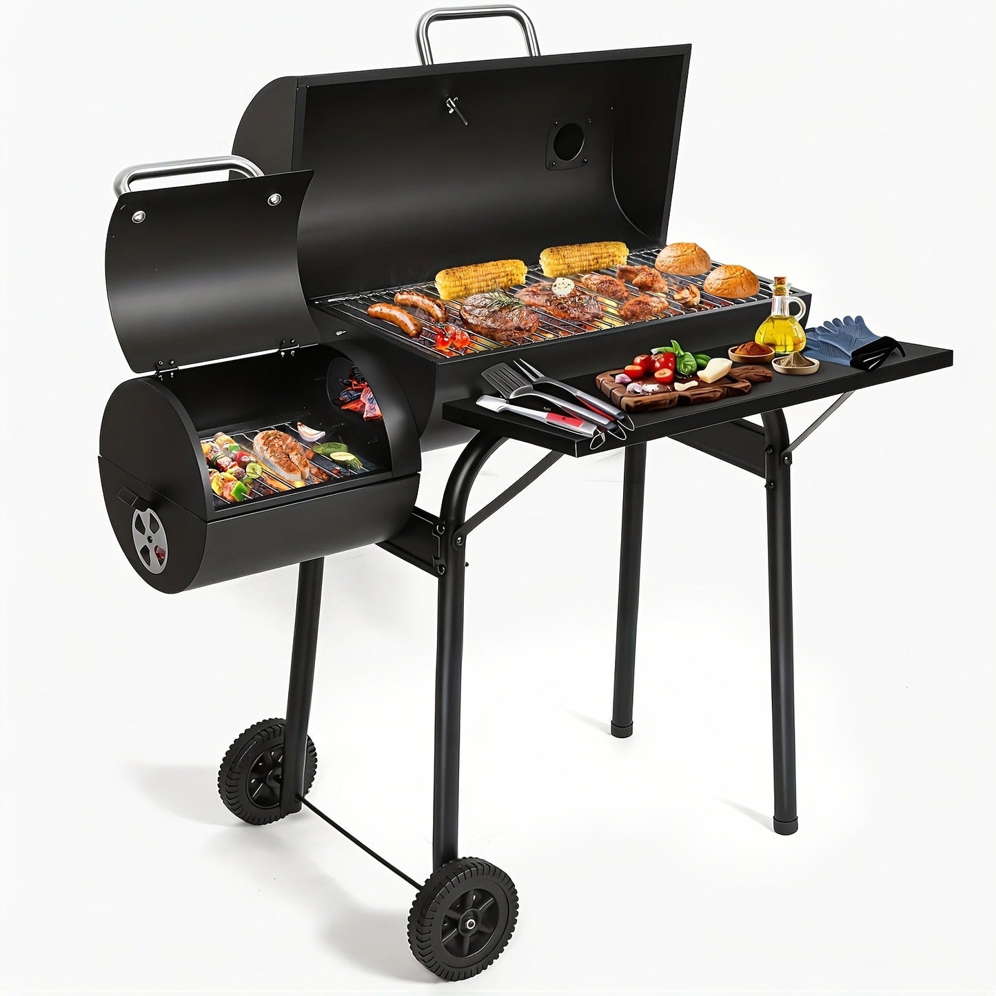 Barrel Charcoal Grill with Offset Smoker, Wheeled Cart, Side Firebox and Two Black Configuration Options