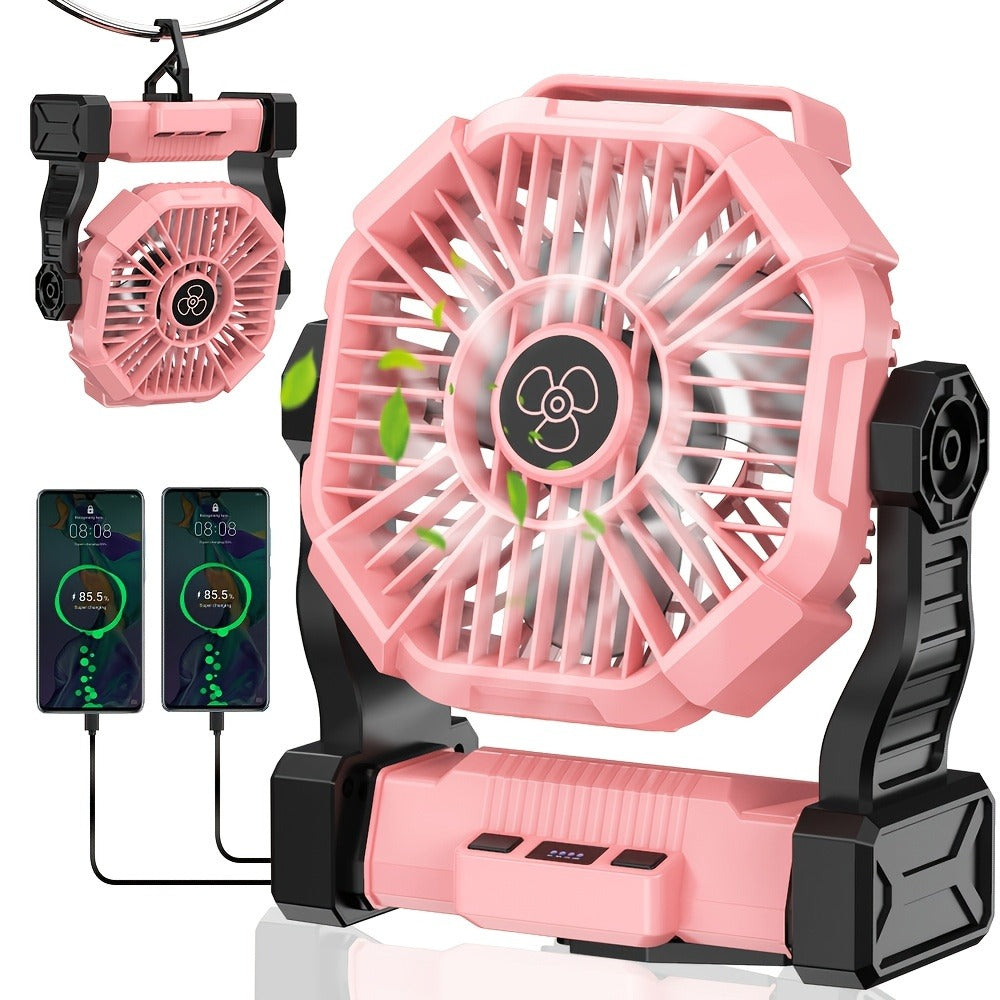 Portable Camping Fan 3-in-1 with LED Lantern & USB Charging – Battery Powered Tent Fan with Timer, 360° Rotation, for Outdoor Camping