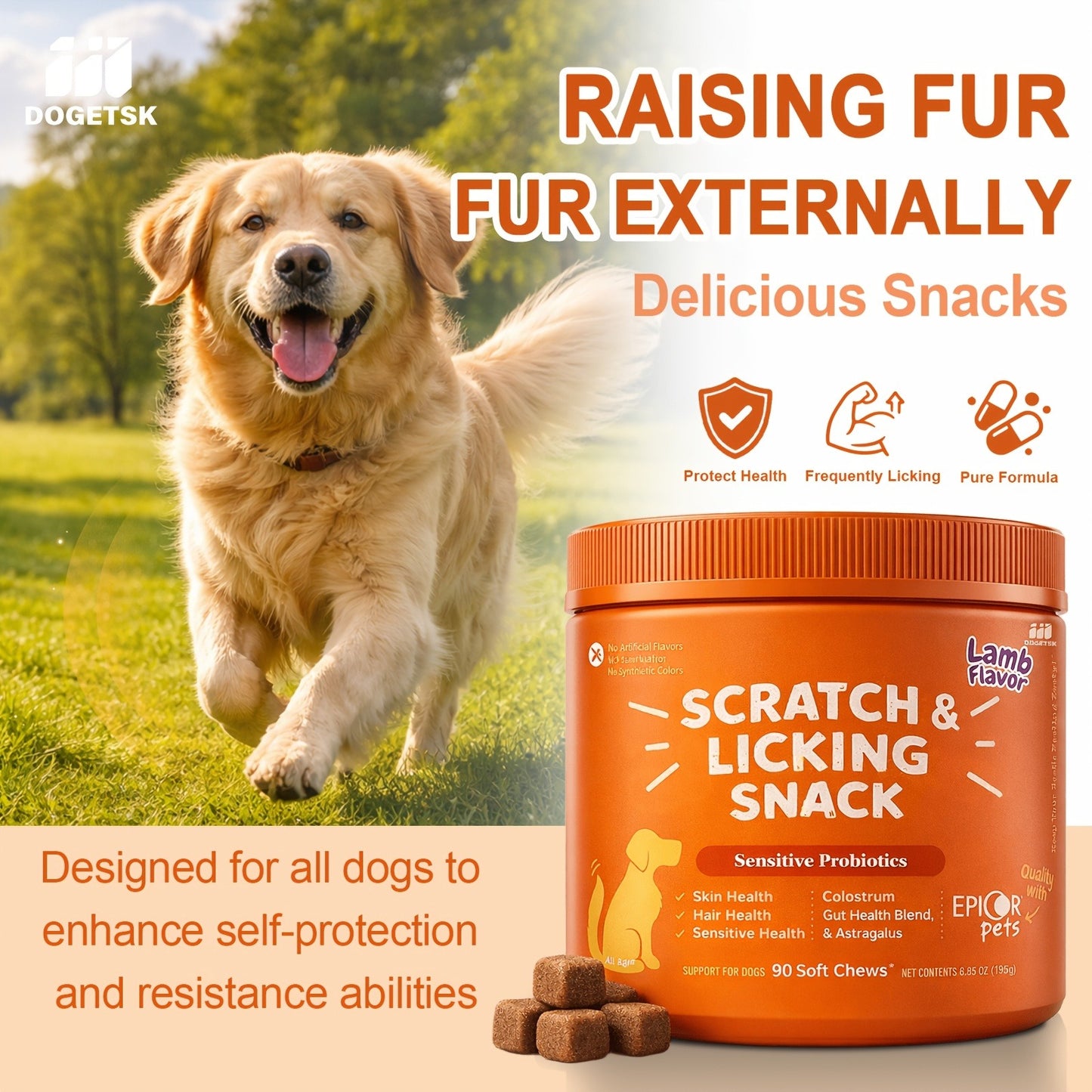 Dog Omega 3 Skin & Coat Chews 90ct – Lamb Flavor Soft Pellets with Probiotics for Itching, Scratching & Licking Relief