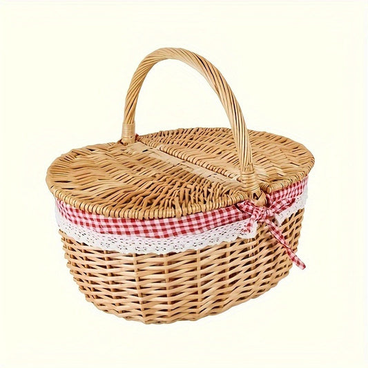 Willow Picnic Hamper Basket with Hinged Lid, Carry Handle and Red Checkered Textile Lining