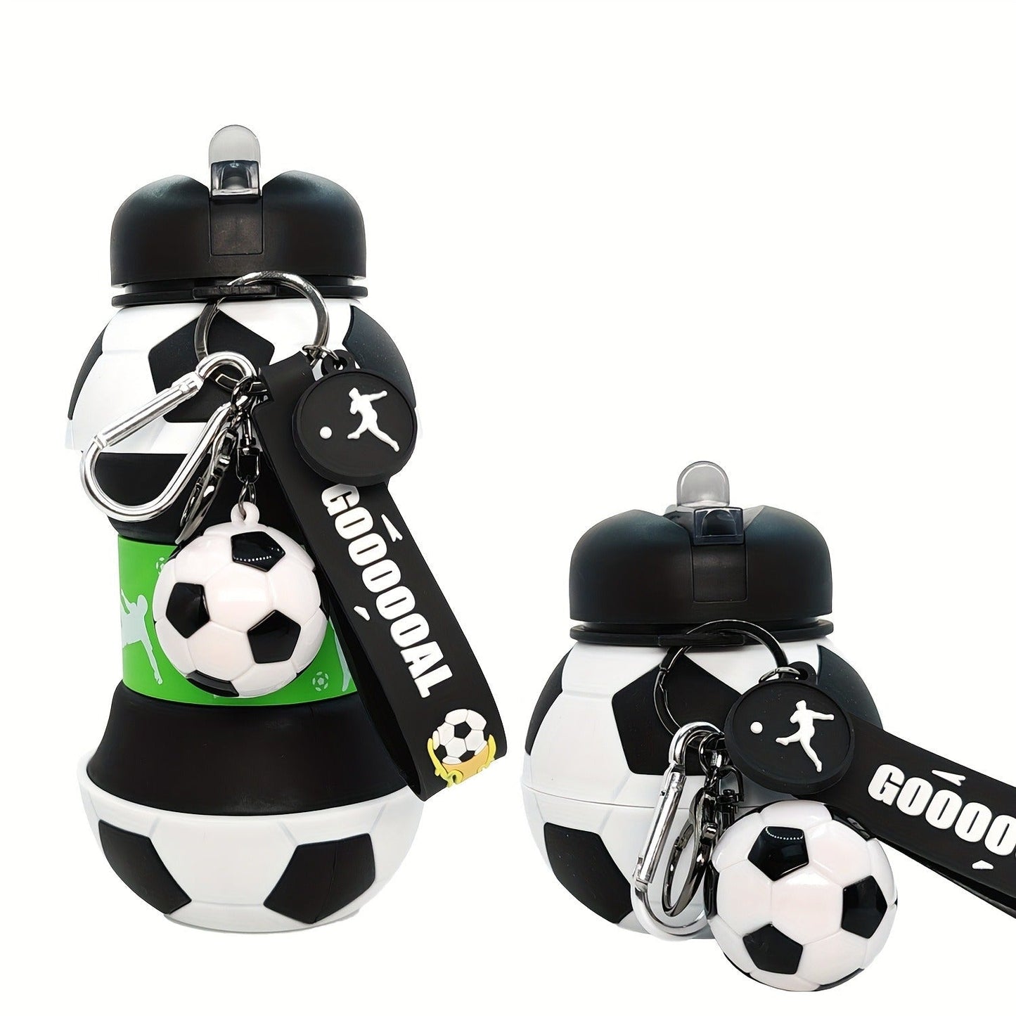Soccer-Ball-Shaped Water Bottle with Black-and-Green Body, Flip Spout, Carry Strap and 550 ml Source Size