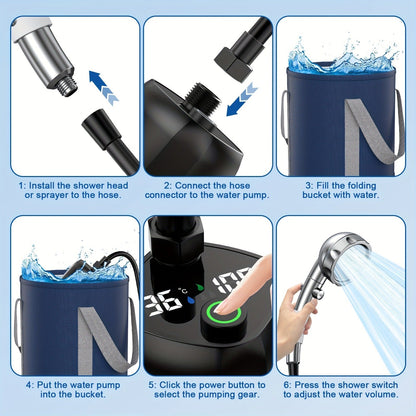 Portable Camping Shower with 9000mAh Battery – Smart Digital Display, Foldable Bucket Included, Compact Lightweight Outdoor Shower Pump