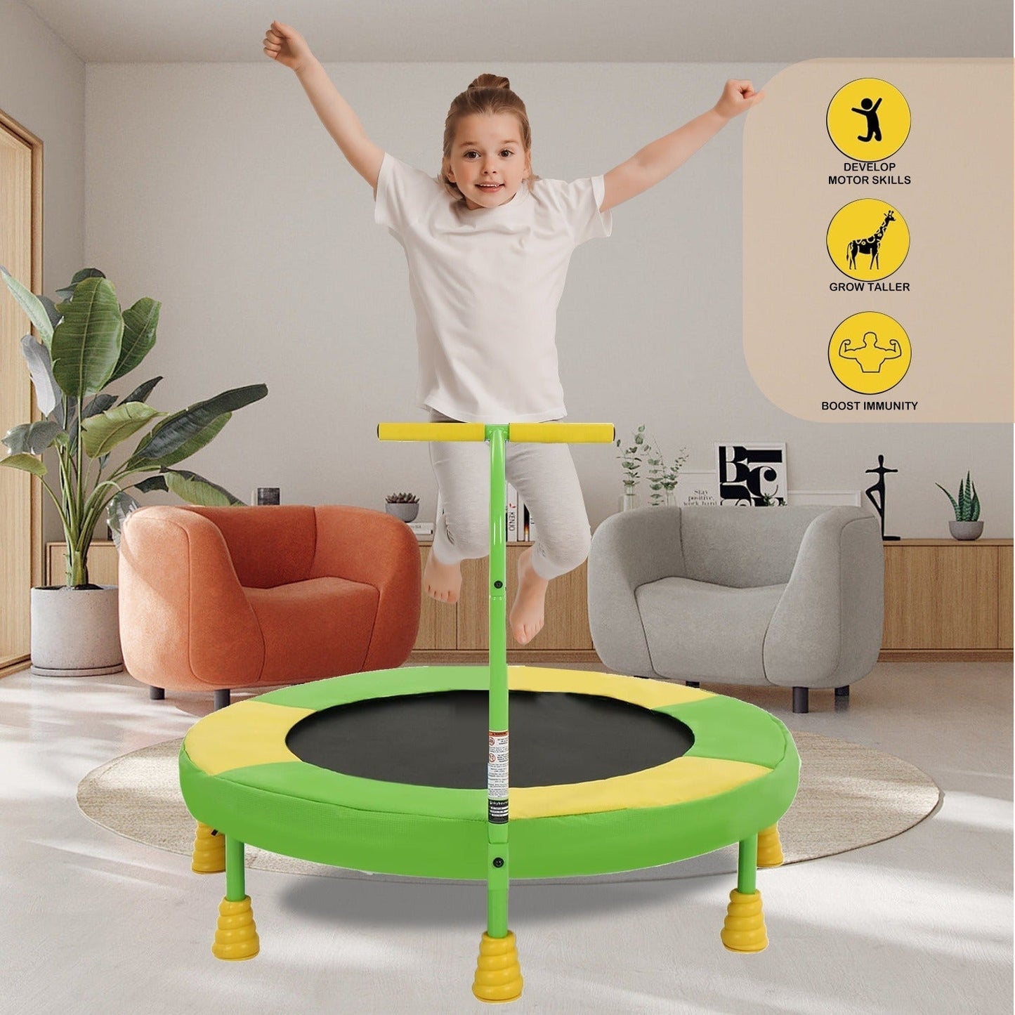 36 Inch Kids Indoor Trampoline with Handle – 7-Leg Safety Design, 2.0mm Steel Frame, 28 Coil Springs, Non-Slip Feet, PP Jump Mat