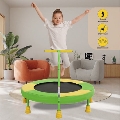 36 Inch Kids Indoor Trampoline with Handle – 7-Leg Safety Design, 2.0mm Steel Frame, 28 Coil Springs, Non-Slip Feet, PP Jump Mat