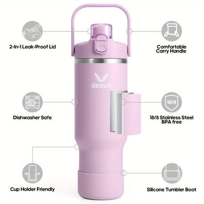 Handled Stainless Steel Tumbler with Flip Straw and Chug Lid, Silicone Boot, Pink or Black-Red Finish