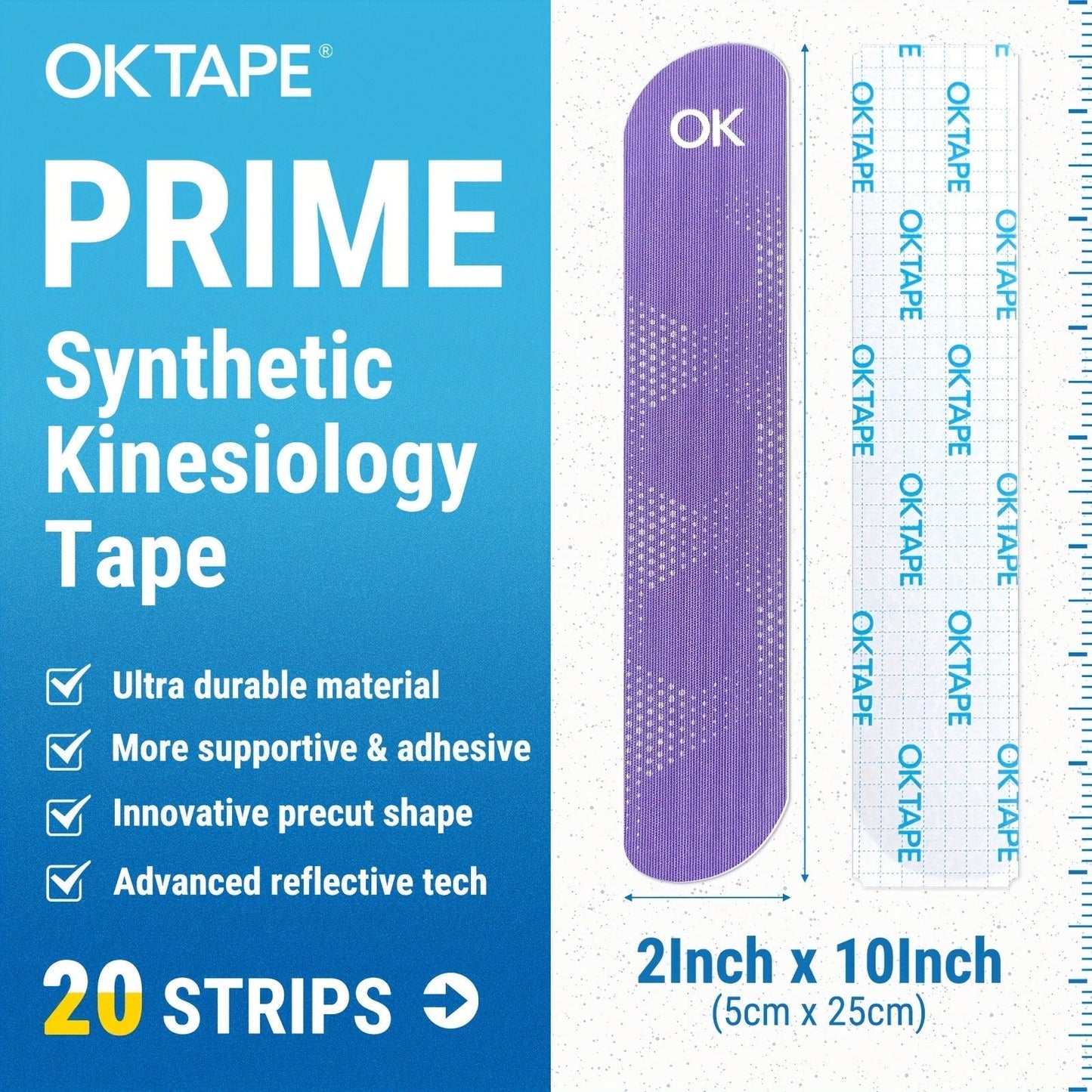 Sports Kinesiology Tape 20 Precut Strips Purple Reflective – Elastic Synthetic Athletic Muscle Support Tape, Quick Adhesion, 2" x 10" Each