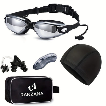 Adult Swimming Goggles Six-Piece Set with Black Silver-Look Lenses, Swim Cap, Case, Nose Clip, Earplugs and Bag
