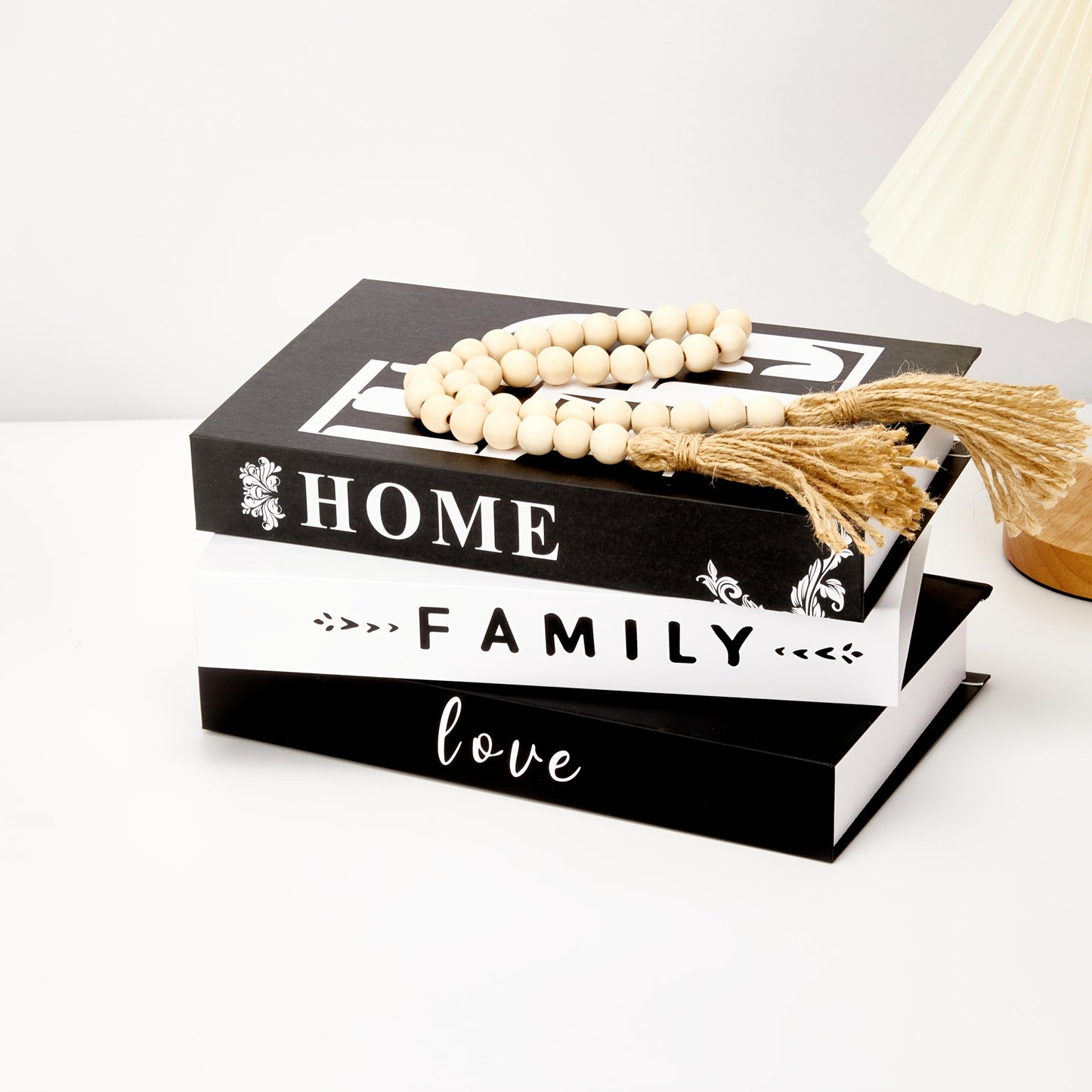 Decorative Book Set 3pcs Fake Books with HOME FAMILY LOVE Design – Elegant Black Minimalist Faux Books for Shelf Decor Living Room Coffee