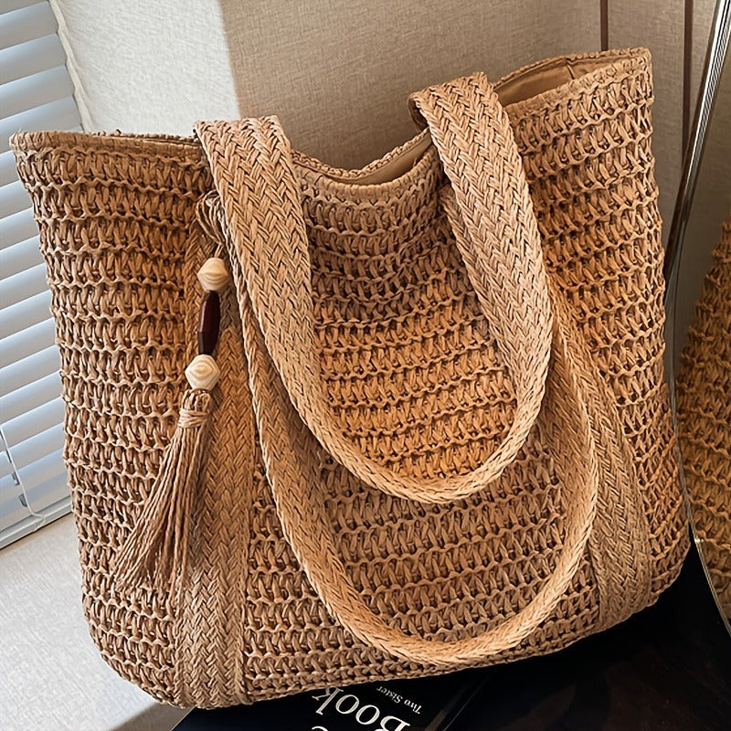 Straw Woven Tote Bag for Women with Tassel, Large Beach Storage and 3 Natural Color Options