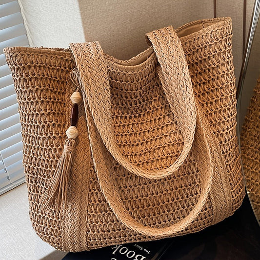 Straw Woven Tote Bag for Women with Tassel, Large Beach Storage and 3 Natural Color Options