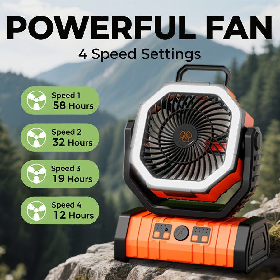 Tent Fan with LED Light 20000mAh Battery – 4-Level Brightness, Multi-Speed Rotatable Portable Tent Fan for Camping, Outdoor, Office & Home