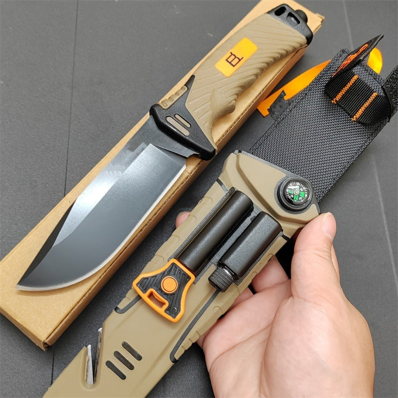 Fixed Blade Outdoor Camping Knife 9.64 Inch Stainless Steel, Survival Hunting Knife with Flint Fire Starter Night Light Sharpener Safety