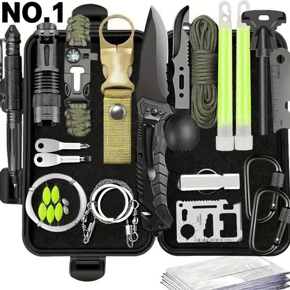 Tactical Survival Kit Multi-Tool Box – Emergency Outdoor Gear with Magnesium Fire Starter, Flint & First Aid Supplies for Camping, Hiking