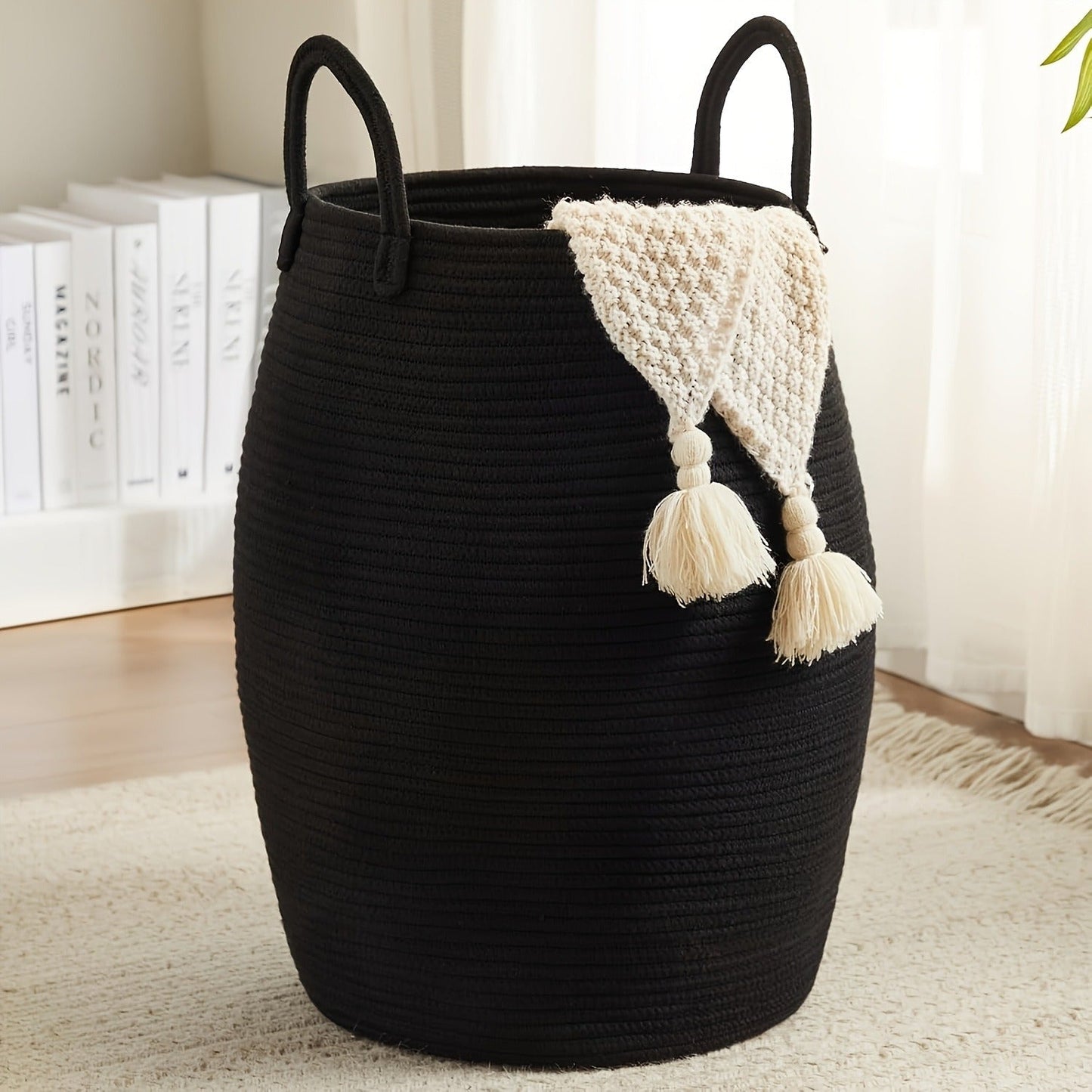 Laundry Basket Foldable Boho Hamper 22" Tall Oval Fabric with Long Handles Decorative Tassels Bedroom Bathroom Closet Storage