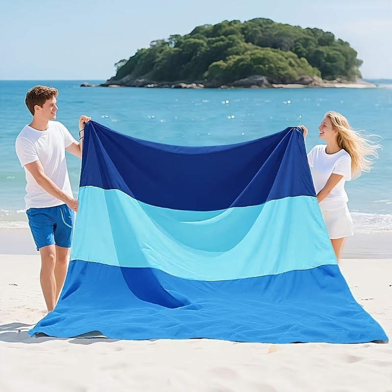 Blue Colorblock Beach Mat with Four Stakes and Carry Pouch, 55 x 78in Lightweight Foldable Size