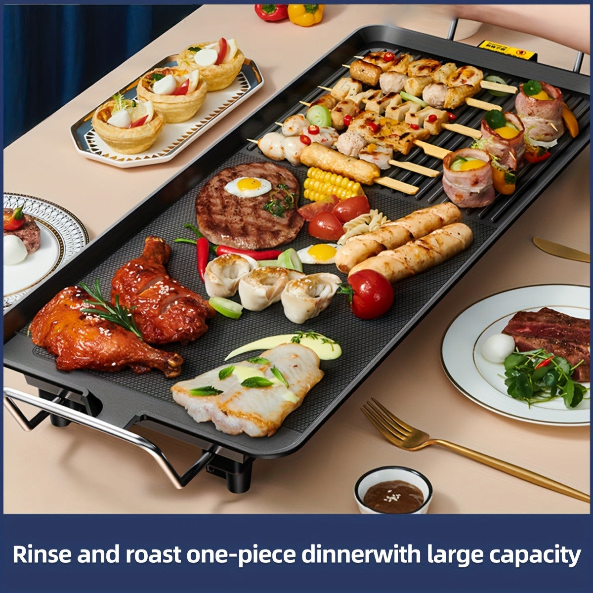 Electric Griddle 1500W Non-Stick Oblong Baking Pan 5-Speed Temperature Control Smokeless Indoor Grill for Eggs Vegetables BBQ Black