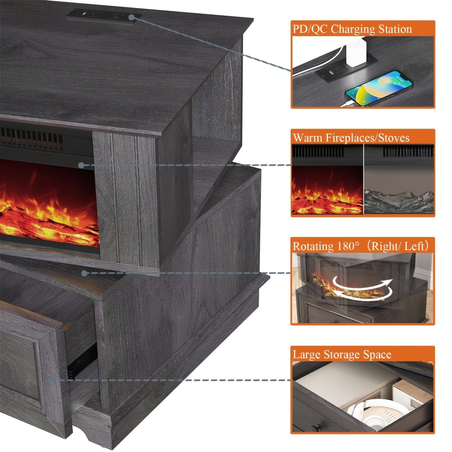 Electric Stove Heater End Table Rotatable Fireplace Side Table 1400W 4800 BTU Indoor Heater with Storage for Garden, Patio and Yard Use