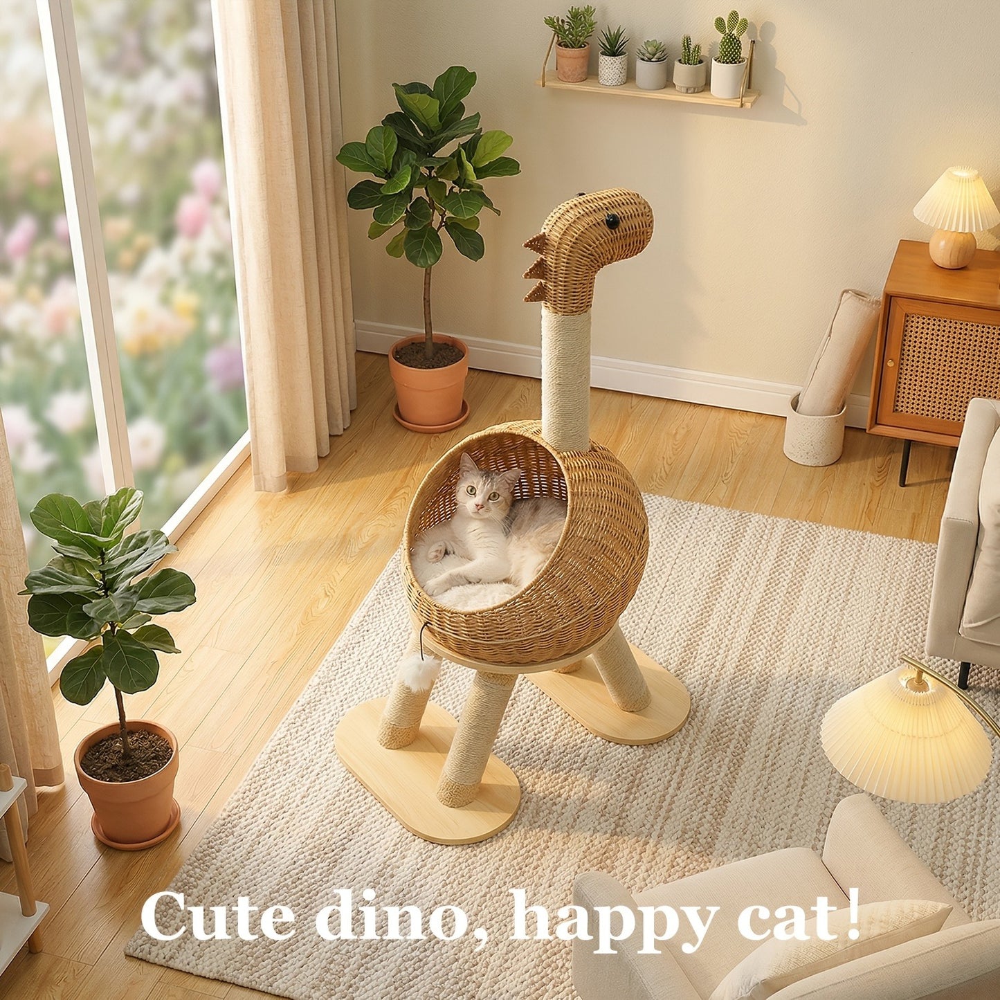 Dinosaur Cat Tree Tower 46 Inch – Large Rattan Cat House with 4 Sisal Scratching Posts, Wicker Bed & Removable Mat