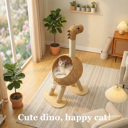 Dinosaur Cat Tree Tower 46 Inch – Large Rattan Cat House with 4 Sisal Scratching Posts, Wicker Bed & Removable Mat