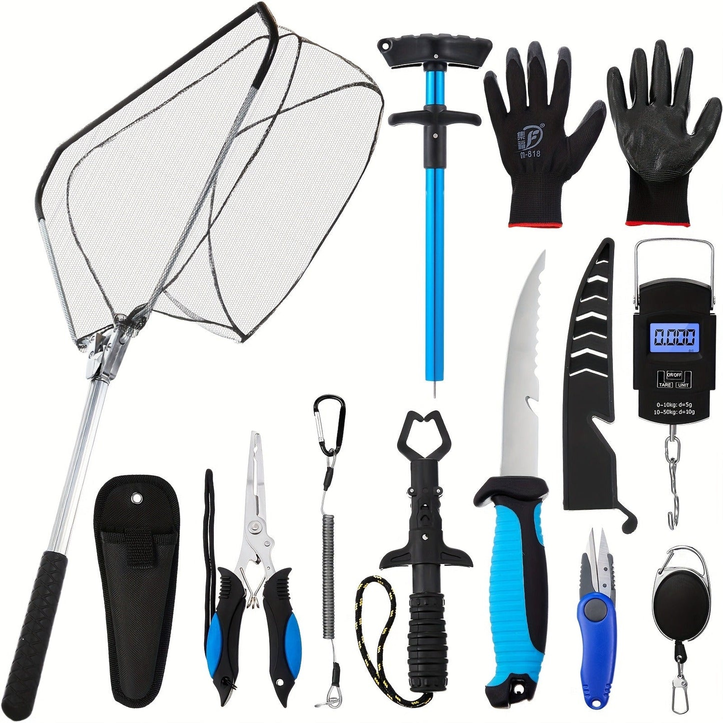 Fishing Tool Kit 10-Piece – Fishing Pliers with Lanyard & Sheath, Landing Net, Fillet Knife, Fish Scale, Gripper, Hook Remover