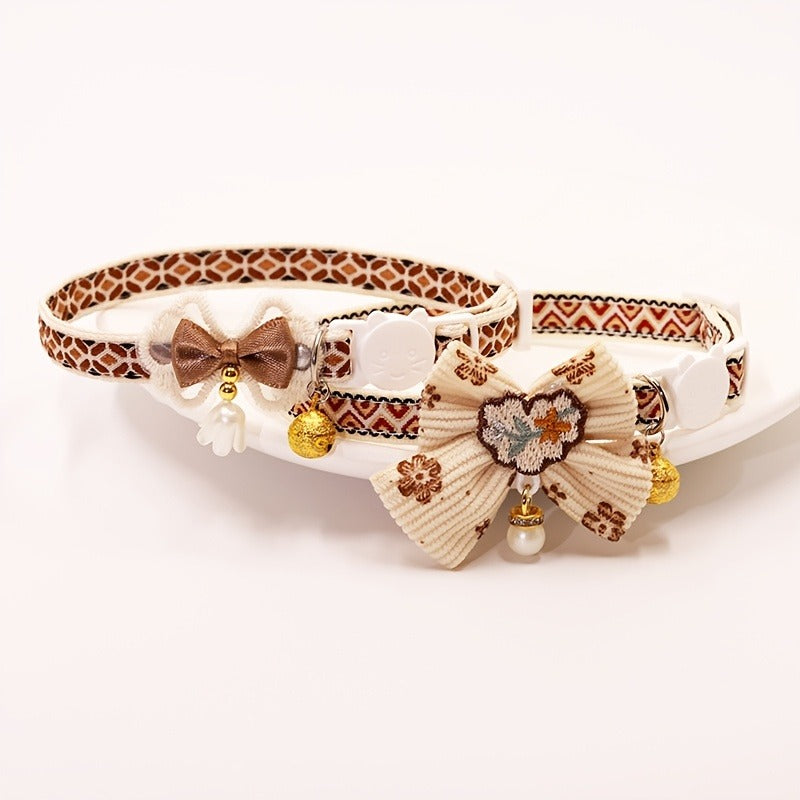 Cat Collar Set 6 Pack Decorative with Bow Lace Bells & Hanging Beads, Safety Breakaway Buckle Anti-Choke Cat Necklace Collar