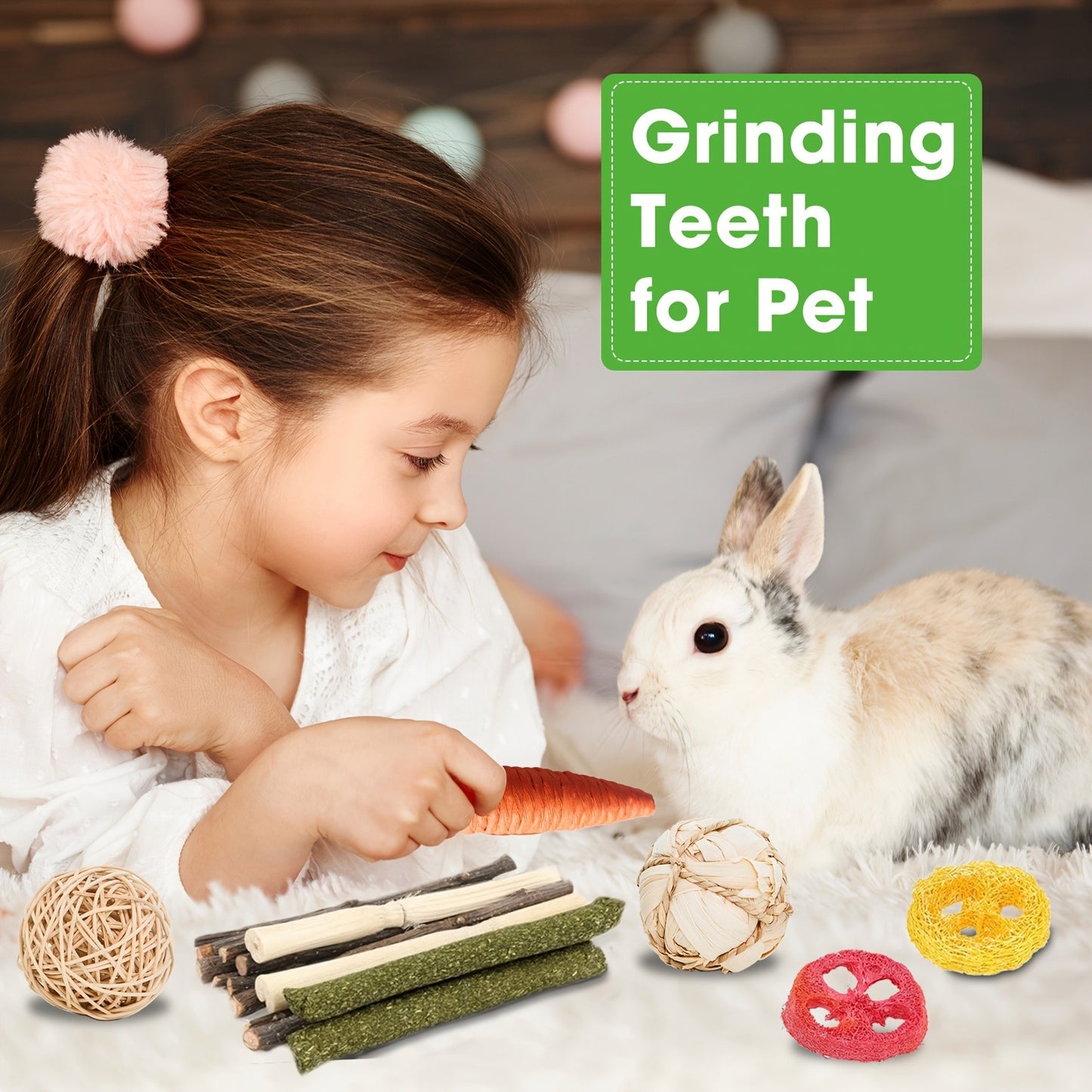 Small Animal Dental Treats 21pcs – Natural Timothy Hay Variety Set with Hay Sticks, Timothy Cakes & Carrot Strawberry Treats for Rabbits