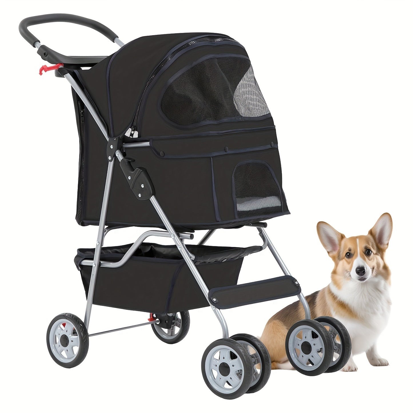 4-Wheel Pet Stroller with Cup Holder & Storage Basket | Portable Breathable Cat Dog Stroller, Smooth-Rolling Outdoor Pram