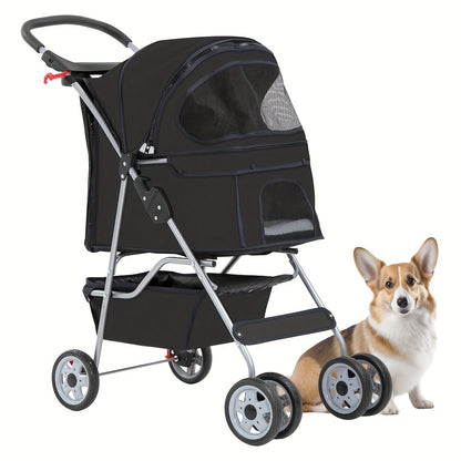 4-Wheel Pet Stroller with Cup Holder & Storage Basket | Portable Breathable Cat Dog Stroller, Smooth-Rolling Outdoor Pram