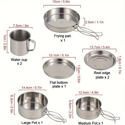 Stainless Steel Camping Cookware Set 8 Piece with Pots Pans Plates Cups and Handles – Lightweight Outdoor Cooking Kit for Camping Hiking
