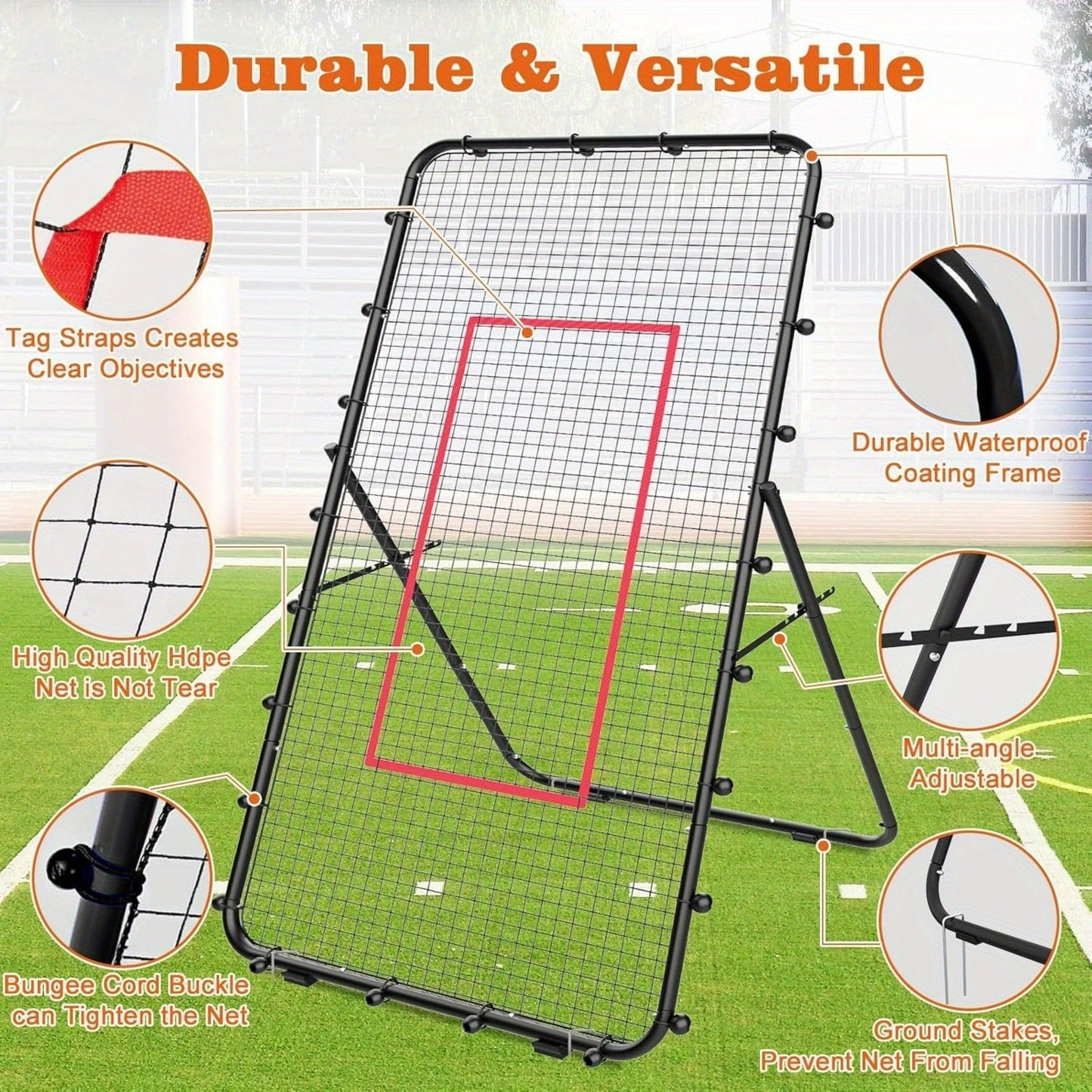 Volleyball Rebounder Net 7x4ft Adjustable Angle – Portable Steel Frame Training Rebounder with High-Tension PE Netting & 24 Elastic Cords