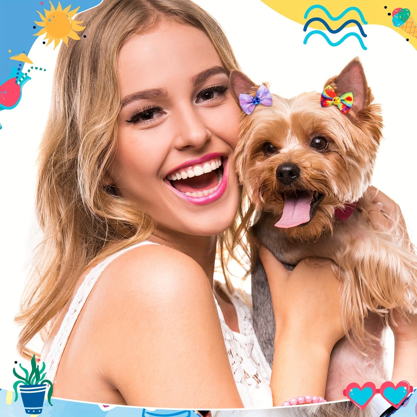 Dog Hair Bows 100 Pack Tie Dye Rhinestone Puppy Grooming Accessories with Rubber Bands – Colorful Spring Dog Topknot Bows for Small Dogs