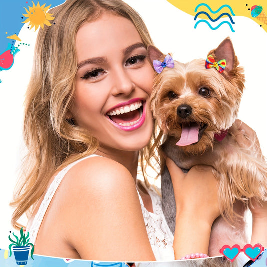 Dog Hair Bows 100 Pack Tie Dye Rhinestone Puppy Grooming Accessories with Rubber Bands – Colorful Spring Dog Topknot Bows for Small Dogs