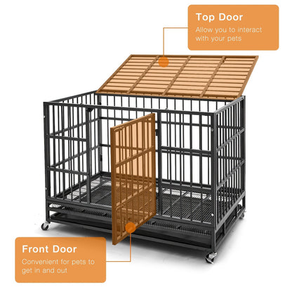Heavy Duty Escape-Proof Dog Crate with Wheels & Removable Tray – Double Door Indoor Kennel for Large & XL Dogs | 42IN & 48IN