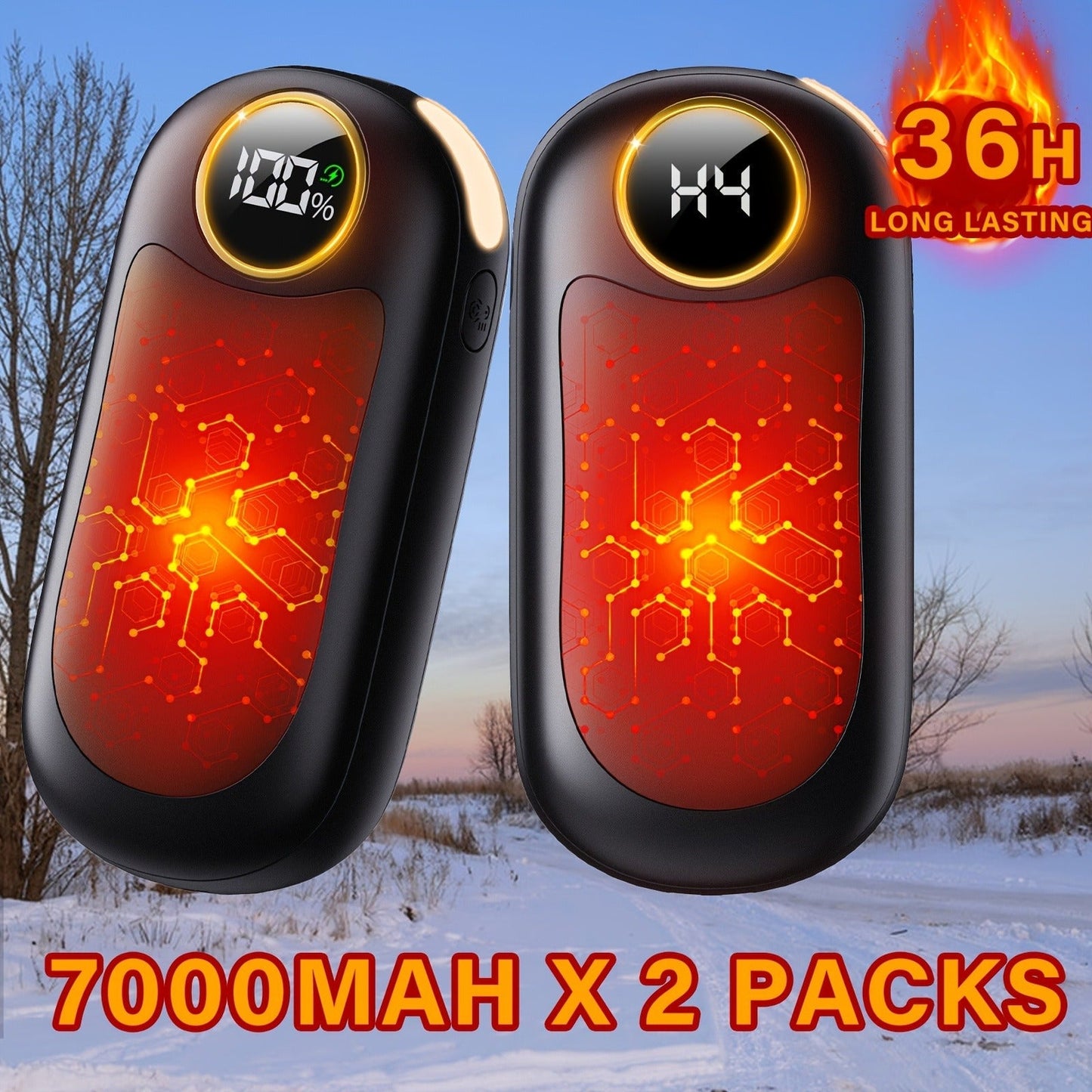 Rechargeable Hand Warmers 2 Pack – Dual-Sided Electric Pocket Heater with Power Bank & LED Light, 36Hrs Warmth, 4 Heat Levels