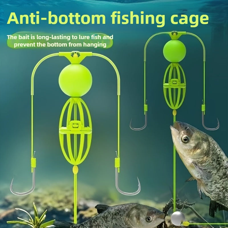 Fishing Hook Cage Set 3pcs Anti-Snag Double Hook Rig with Non-Twist Explosive & Flip Hooks – Carbon Steel Green Lure Fishing Bottom Hanging