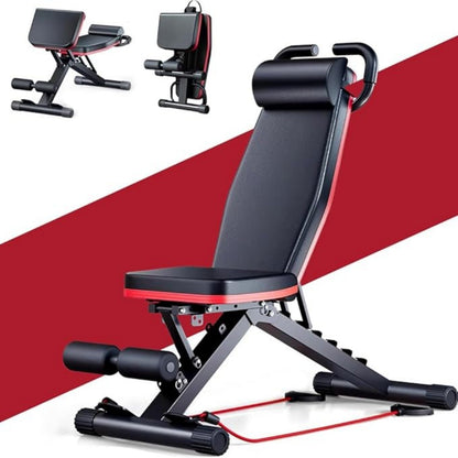 Foldable Adjustable Workout Bench with Black-and-Red Padding, Preacher Curl Pad, Leg Rollers and Resistance Bands