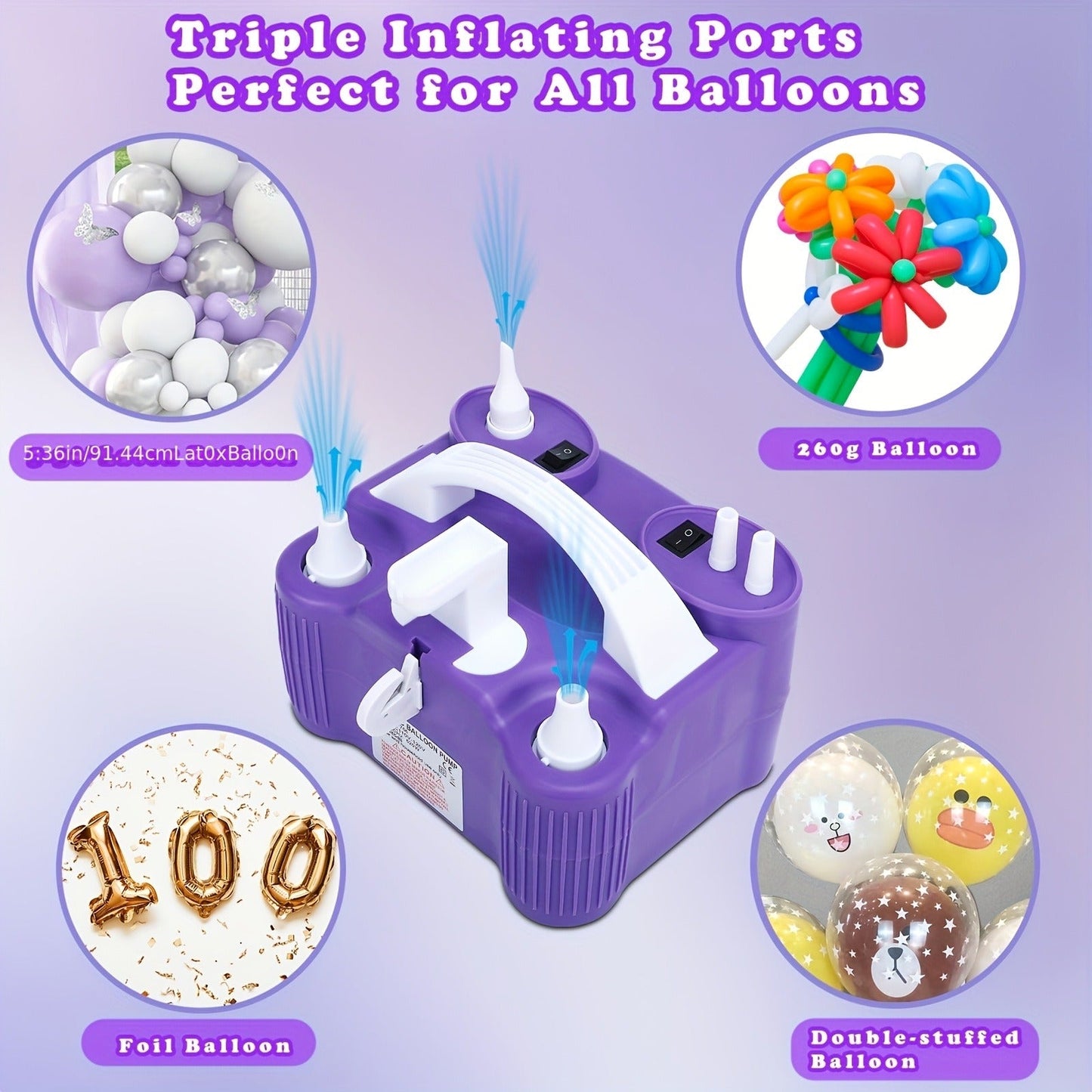 Electric Balloon Pump 3-in-1 Triple Inflating Ports | Fast Air Inflator Deflator for Latex Foil 260Q Balloons Swimming Rings Air Mattress |
