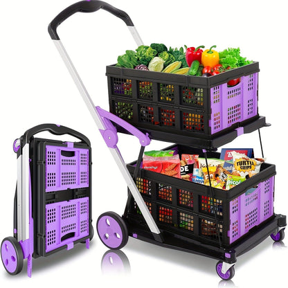 Collapsible Utility Cart Foldable Shopping Trolley 4-Wheel 360° Swivel Locking Brake Portable Dolly for Grocery Mall Camping Pink Purple