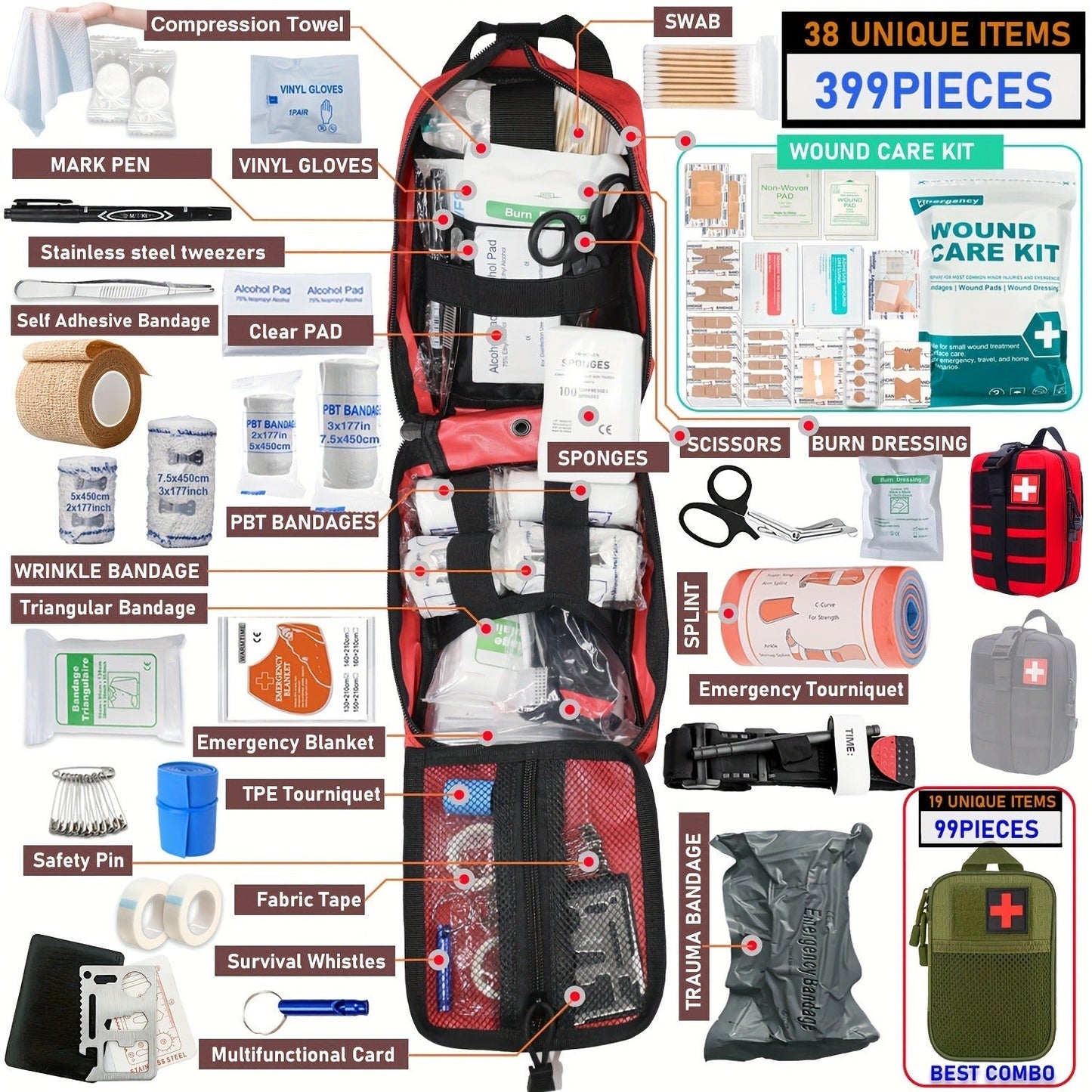 First Aid Kit 399pcs / 99pcs Professional Portable Survival Gear with Splints Scissors Tweezers for Hiking Camping Hunting Car Travel