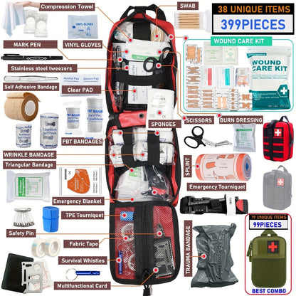 First Aid Kit 399pcs / 99pcs Professional Portable Survival Gear with Splints Scissors Tweezers for Hiking Camping Hunting Car Travel