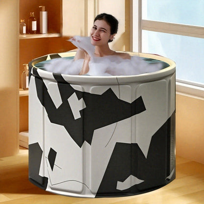 Round Foldable Adult Soaking Tub in Black-and-White Geometric Pattern with Freestanding Support Frame and Drain