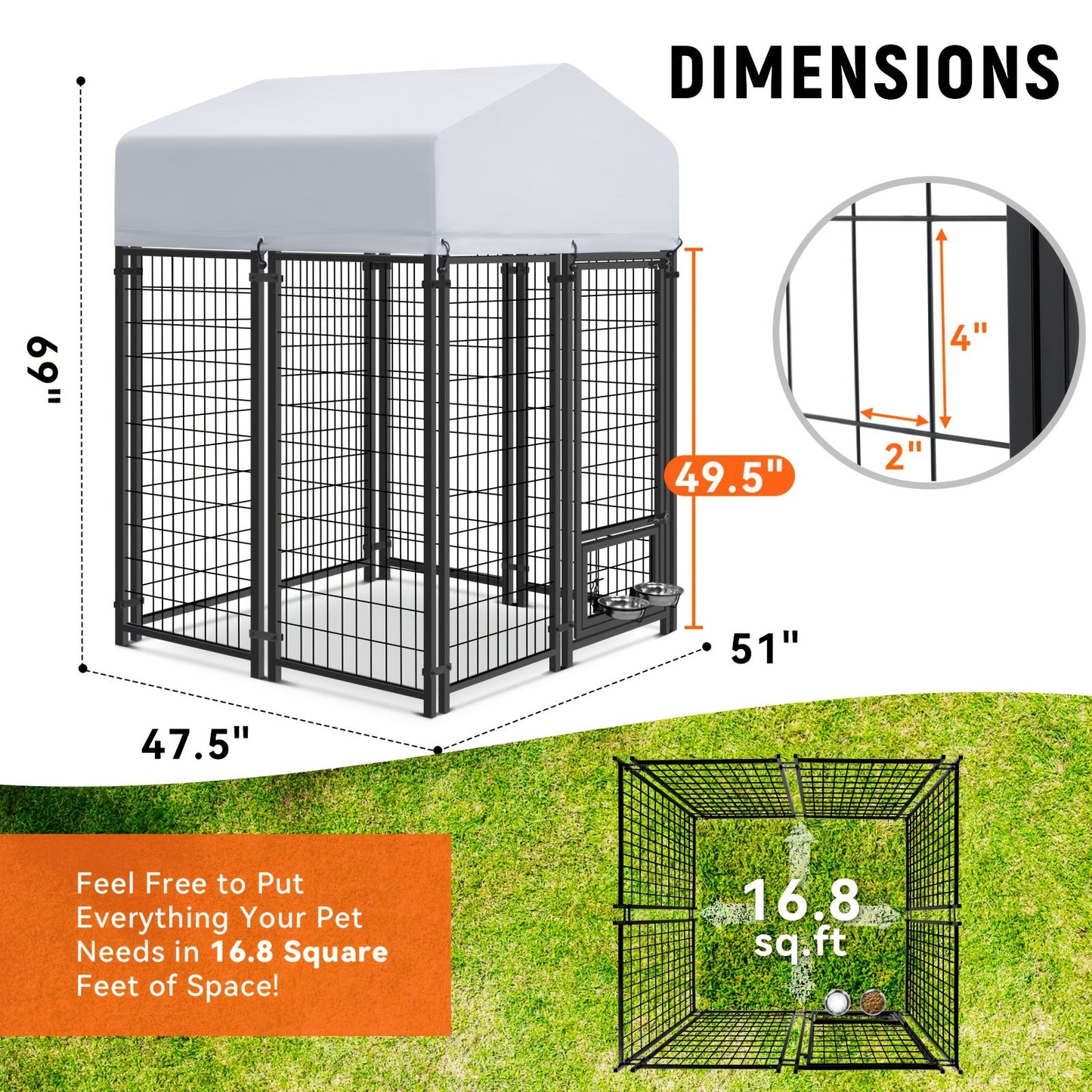 Outdoor Dog Enclosure Welded Wire Steel with UV-Resistant Roof Cover Secure Lock Dog Playpen Fence Run for Large Dogs 4x4 6x4 8x4 ft 6ft
