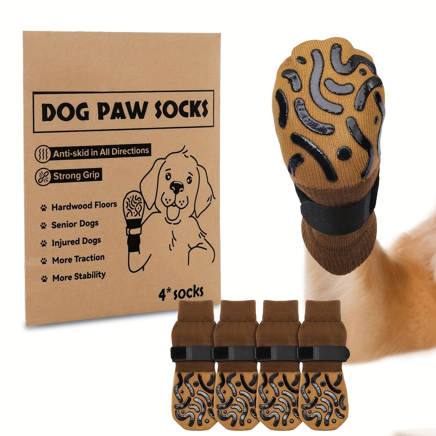 Non-Slip Dog Socks Double-Sided Grip Paw Protector with Adjustable Straps – Anti-Lick Dog Booties for Hardwood Floors