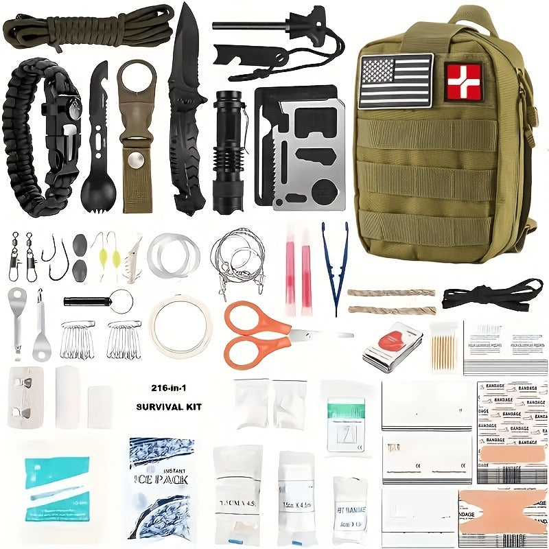 217-Piece Outdoor Tool and First Aid Supply Kit with MOLLE Bag in Nine Color-Labeled Options