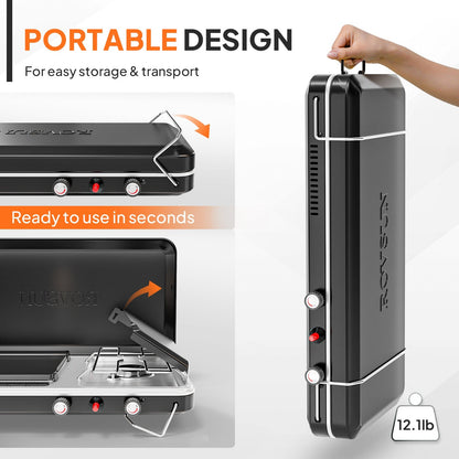Portable Propane Griddle and Burner Camping Stove with Four Color Labels and 23.23-Inch Closed Width