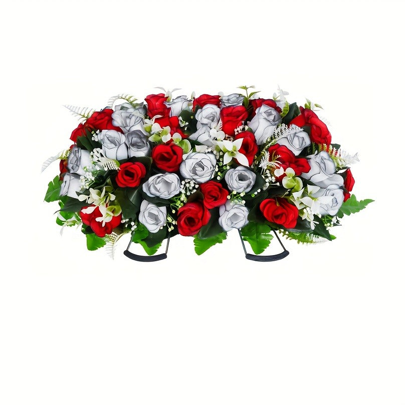 Artificial Cemetery Flowers for Grave with Saddle, Silk Rose Bouquet Headstone Decoration, Memorial Day Grave Flowers