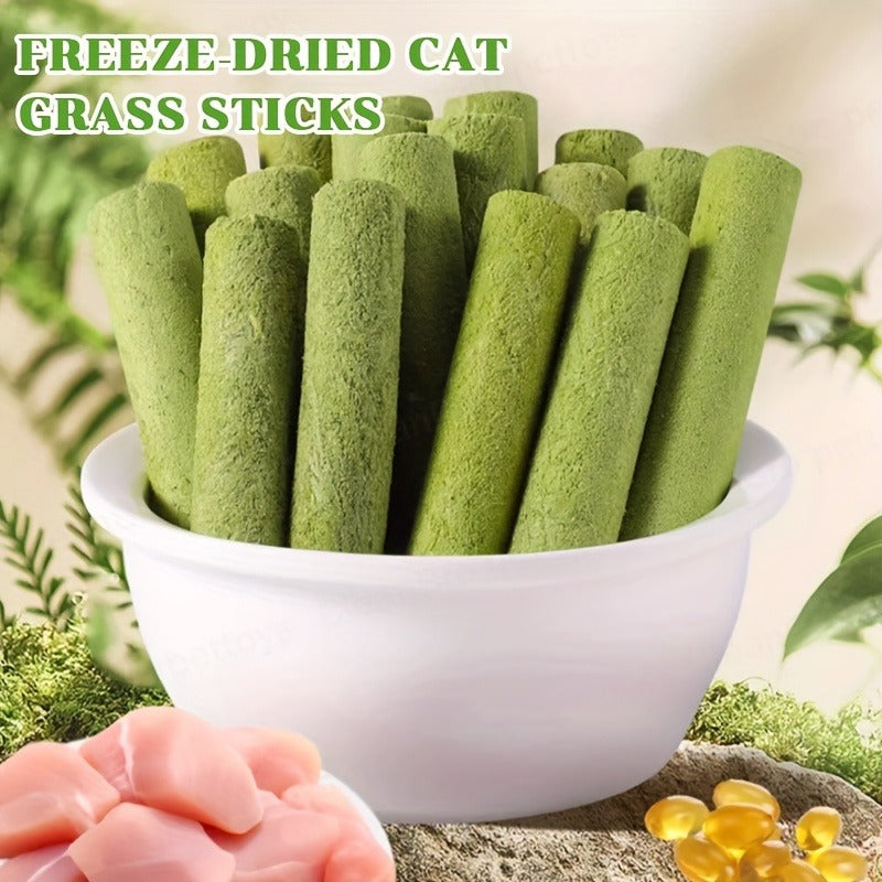Cat Grass Freeze-Dried Sticks – Natural Dental Chew Snacks for Cats, Hairball Removal & Teeth Cleaning, Consumable Cat Grass Chew Toy (15
