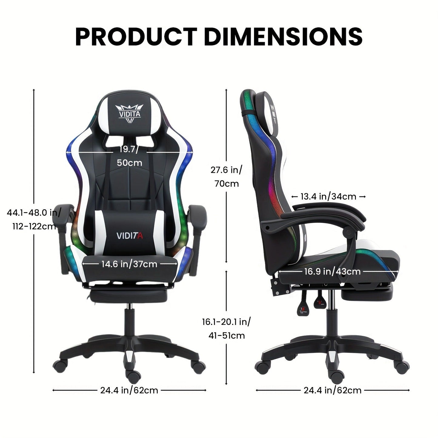 RGB Gaming Chair with LED Lights Footrest Ergonomic Gaming Chair with Massage Lumbar Support Reclining Video Game Chair for Adults Home