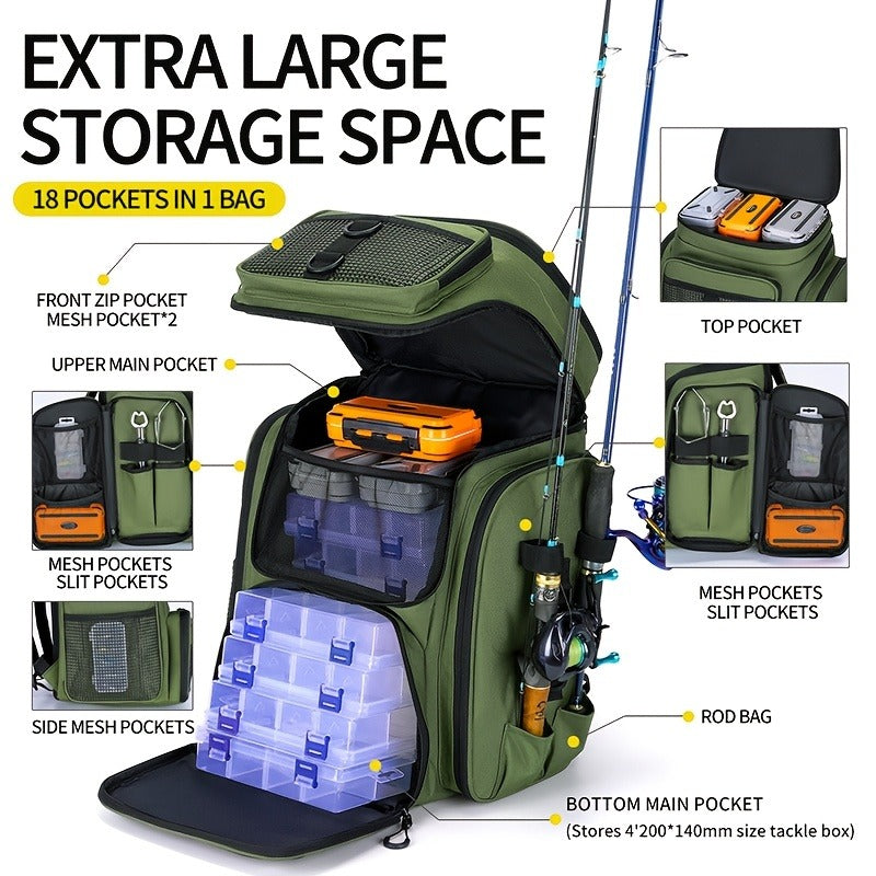 Fishing Backpack with Rod Holder 45L – Large Capacity Outdoor Tackle Bag, Waterproof Travel Shoulder Pack for Fishing Camping Hiking